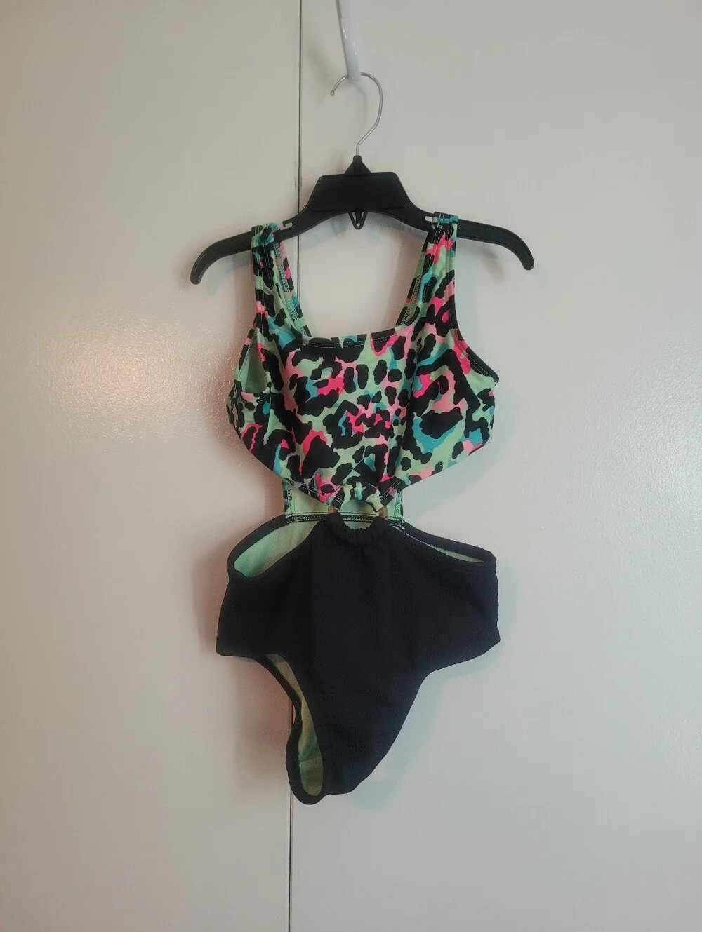 6/7 Girls Neon Leopard Print One-Piece Swimsuit - Black & Multi